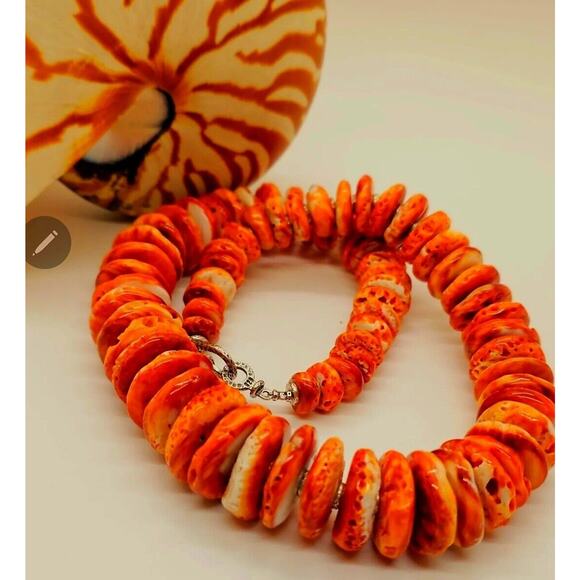 Orange Spiny Oyster Grad. Button Beads Sterling Artisan Necklace NWT - Picture 2 of 11